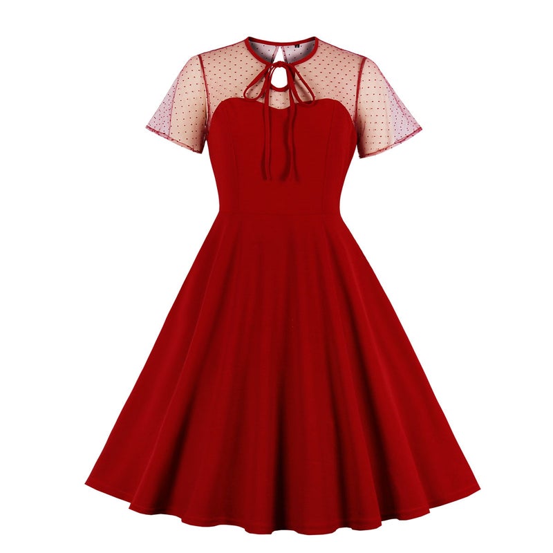 Womens Polka Dot Mesh Splice Puffy Skirt Dress Vintage Style Midi Dress Short Sleeve round Neck mid Waist Elegant Dress Sapphire Blue