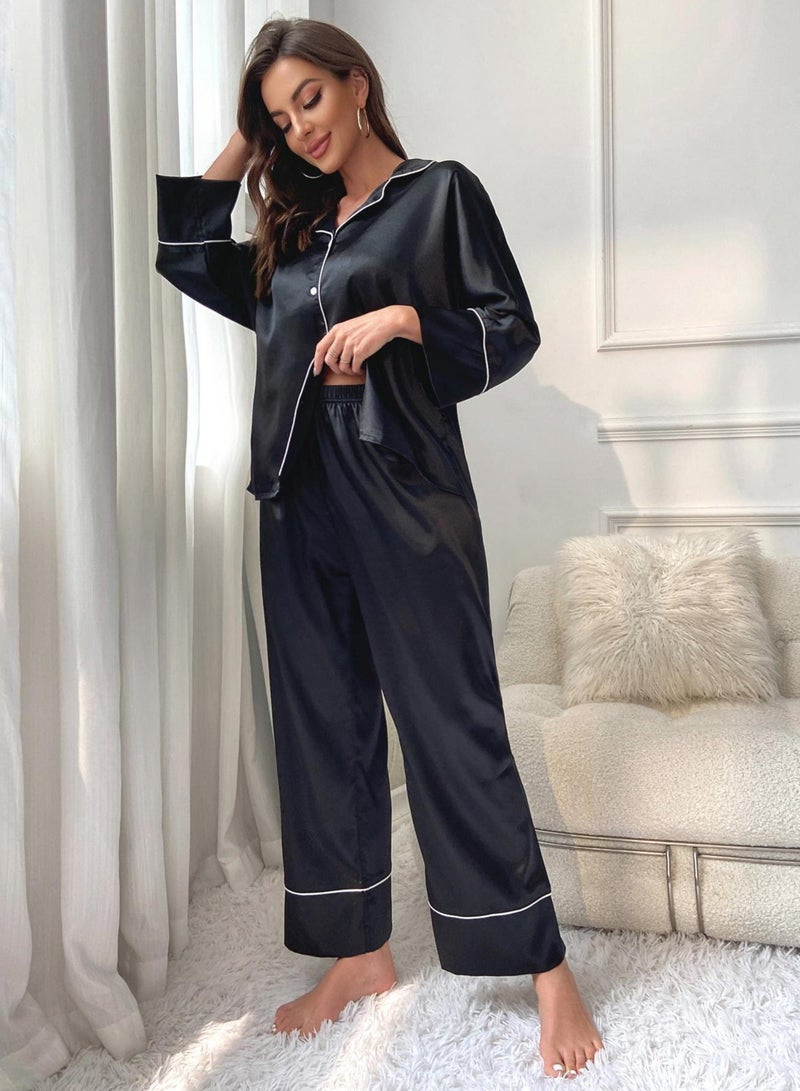 Loquat Women's Casual 2-Piece Set Nightgown Long Sleeve Top And Pants Soft Loungewear Pajamas Suit Black - Image 1