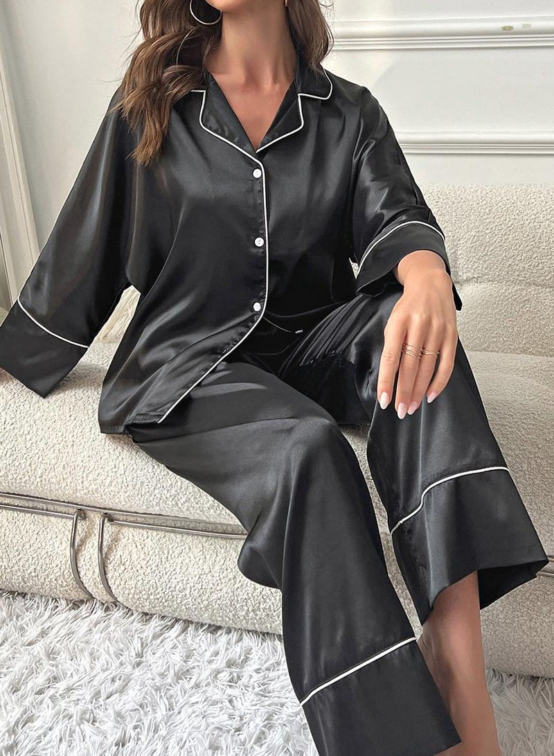 Loquat Women's Casual 2-Piece Set Nightgown Long Sleeve Top And Pants Soft Loungewear Pajamas Suit Black - Image 2