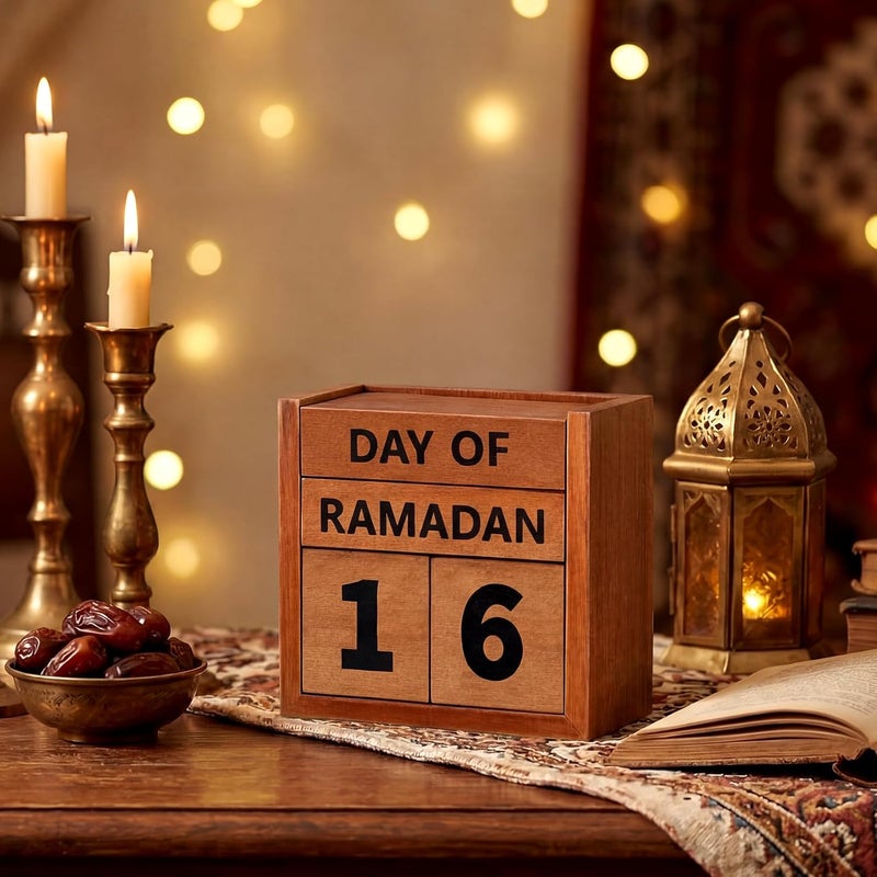 تينليد تقويم العد التنازلي لرمضان 2026 من تينلاد، زينة رمضان خشبية للمنزل، تقويم كتلة خشبية دائمة، هدية رمضان للأطفال، تقويم مجيء رمضان عيد مبارك للمكتب والطاولة (بني) - Image 2
