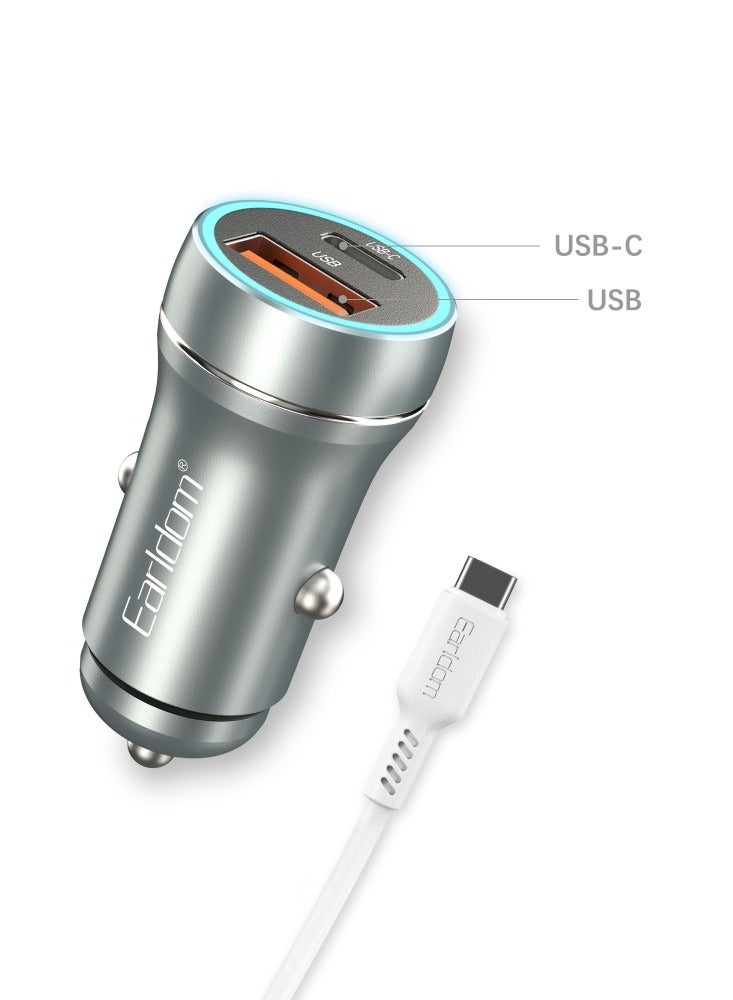 ELTRAZONE Car Socket Charger ES-CC29 – 30W USB QC3.0 & PD Car Charger with Lightning PD Cable, Silver - Image 3