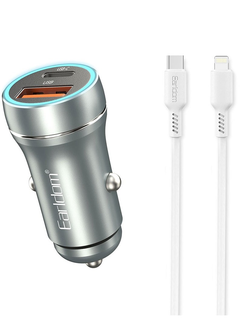 ELTRAZONE Car Socket Charger ES-CC29 – 30W USB QC3.0 & PD Car Charger with Lightning PD Cable, Silver - Image 1