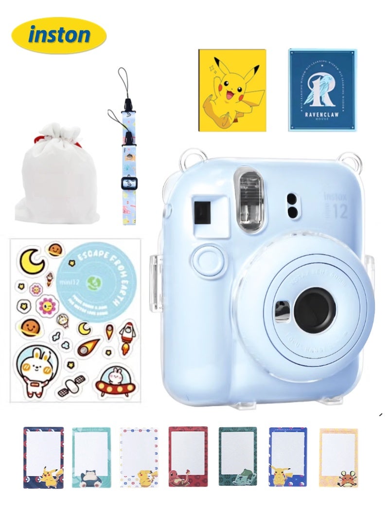 inston 7 Pack Clear Camera Case Compatible with Fujifilm Instax Mini 12 Instant Camera, with Adjustable Shoulder Strap, Camera Case Stickers, Two 3-Inch Photo Albums, One Storage Bag, 10 Sheets of Film Border Stickers, Mini 12 Hard Case with Photo Pocket on Back, Blue  - Image 1