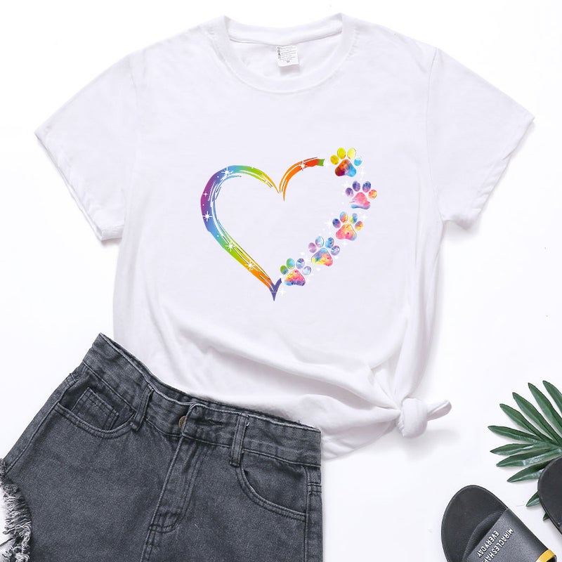 New Color Love Footprint Printing Summer Loose Design Sense Short-Sleeve Pullover Round Neck T-Shirt For Women - Image 1