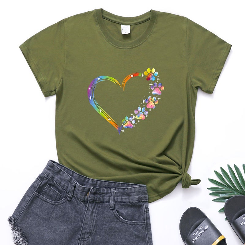 New Color Love Footprint Printing Summer Loose Design Sense Short-Sleeve Pullover Round Neck T-Shirt For Women - Image 4