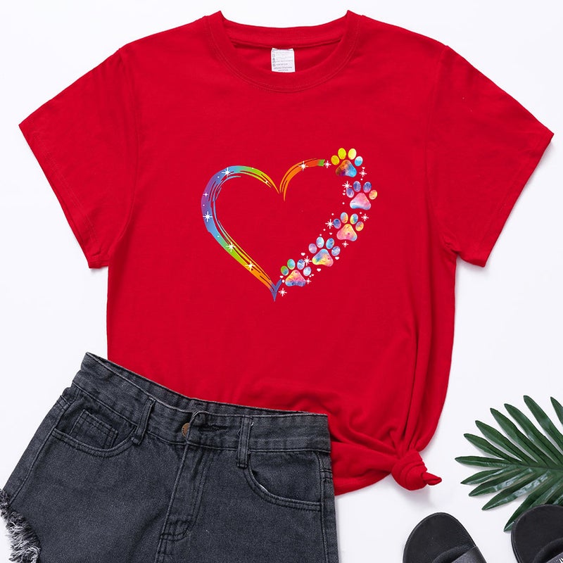 New Color Love Footprint Printing Summer Loose Design Sense Short-Sleeve Pullover Round Neck T-Shirt For Women - Image 2