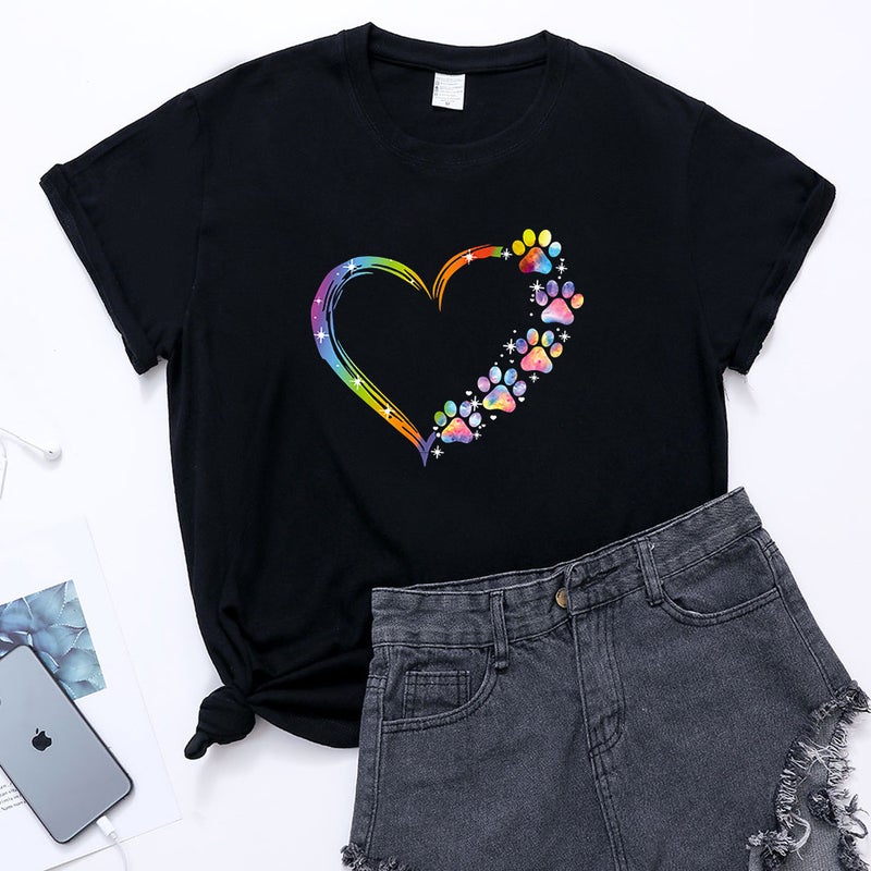 New Color Love Footprint Printing Summer Loose Design Sense Short-Sleeve Pullover Round Neck T-Shirt For Women - Image 5