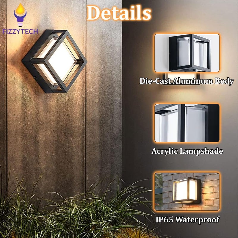 fizzytech مصباح حائط خارجي LED مقاوم للماء IP65 6W - مصباح حائط حديث من الألمنيوم للحديقة، الشرفة، الفناء - إضاءة خارجية زخرفية أنيقة (مربع/أبيض دافئ) - Image 3