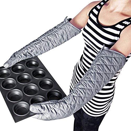 Linwnil Extra Long Oven Mitts Heat Resistant Cotton Lining Oven Thick Gloves Kitchen Food Service Mittens for Pot Holders Cooking Baking BBQ (24 Inch Silver -1pair) - Image 1