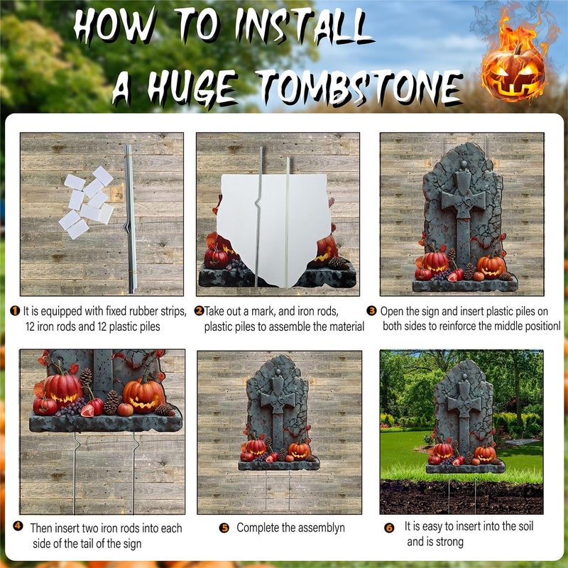 BoGlowHaven 23" Large Tombstones for Graves Halloween (5-Pack) - Outdoor Waterproof Graveyard Decor with Fiberglass Stakes Halloween Tombstones Outdoor Yard Signs - Image 5