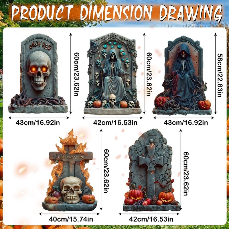 BoGlowHaven 23" Large Tombstones for Graves Halloween (5-Pack) - Outdoor Waterproof Graveyard Decor with Fiberglass Stakes Halloween Tombstones Outdoor Yard Signs - Image 2