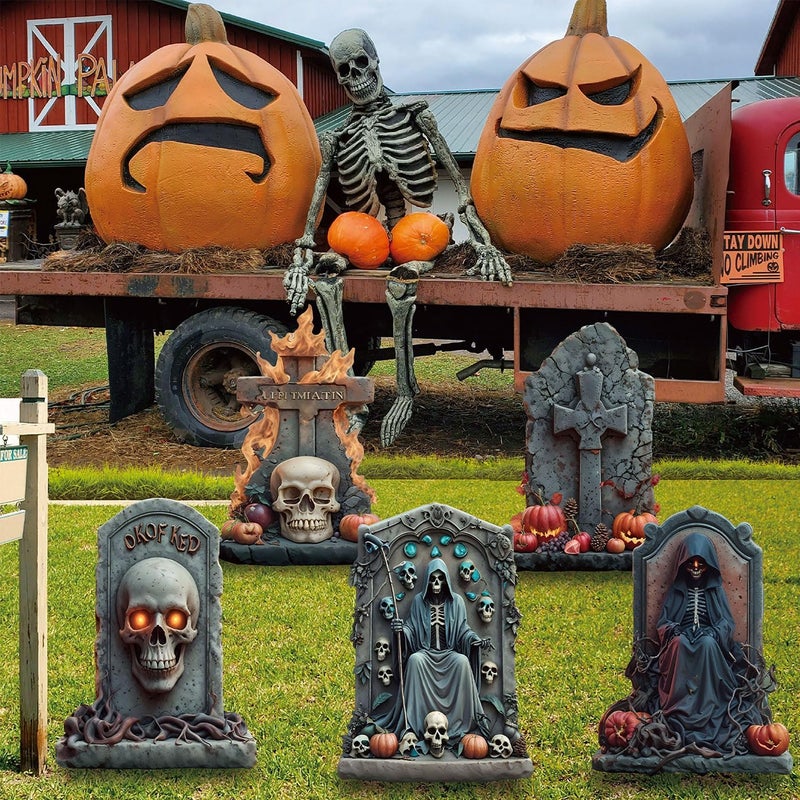 BoGlowHaven 23" Large Tombstones for Graves Halloween (5-Pack) - Outdoor Waterproof Graveyard Decor with Fiberglass Stakes Halloween Tombstones Outdoor Yard Signs - Image 3