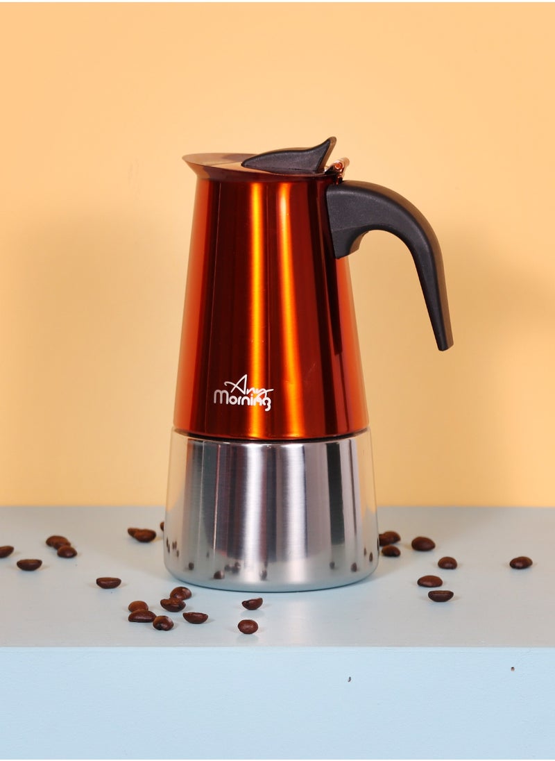 Any Morning Stovetop Espresso Coffee Maker 300ml, Stainless Steel Induction Moka Pot Compatible with All Hob Types, Italian Coffee Maker, Percolator Coffee Pot 6 Cups, 10 oz, Copper - FE001-6  - Image 1