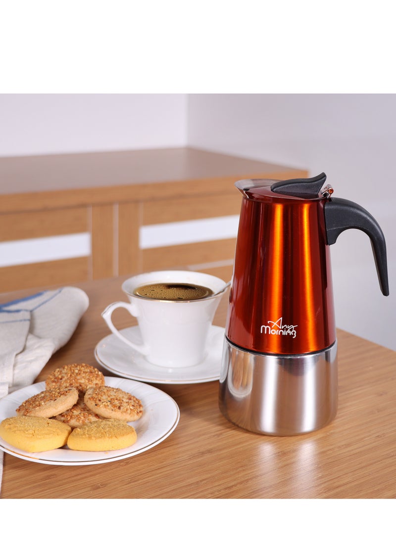 Any Morning Stovetop Espresso Coffee Maker 300ml, Stainless Steel Induction Moka Pot Compatible with All Hob Types, Italian Coffee Maker, Percolator Coffee Pot 6 Cups, 10 oz, Copper - FE001-6  - Image 4