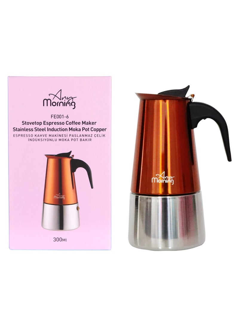 Any Morning Stovetop Espresso Coffee Maker 300ml, Stainless Steel Induction Moka Pot Compatible with All Hob Types, Italian Coffee Maker, Percolator Coffee Pot 6 Cups, 10 oz, Copper - FE001-6  - Image 5