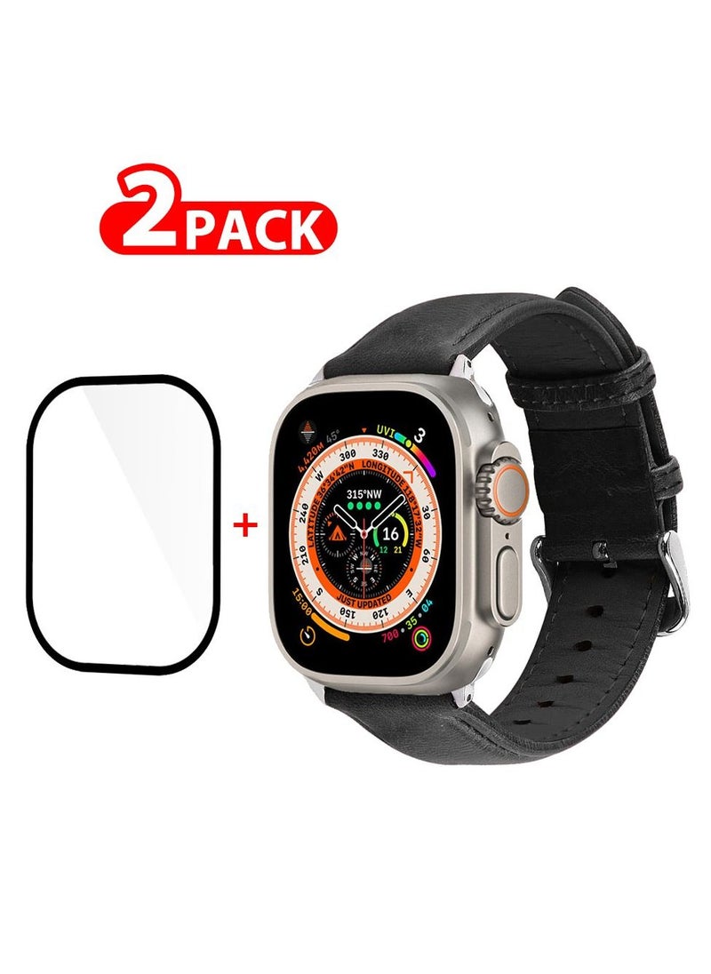 CATANES 2 Packs For Apple Watch Band 49mm Leather Band Buckle Strap Wristband and 3D Screen Protector Dark Grey  - Image 1