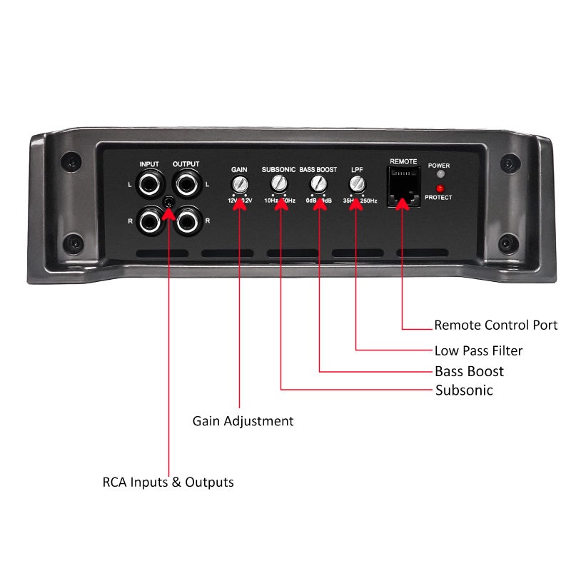 Recoil RED1200-1 2500 وات فئة D مضخم صوت سيارة أحادي الكتلة مع سوبووفر قابل للتثبيت 1 أوم ثابت، مزود بمقبض بيس عن بُعد - Image 4