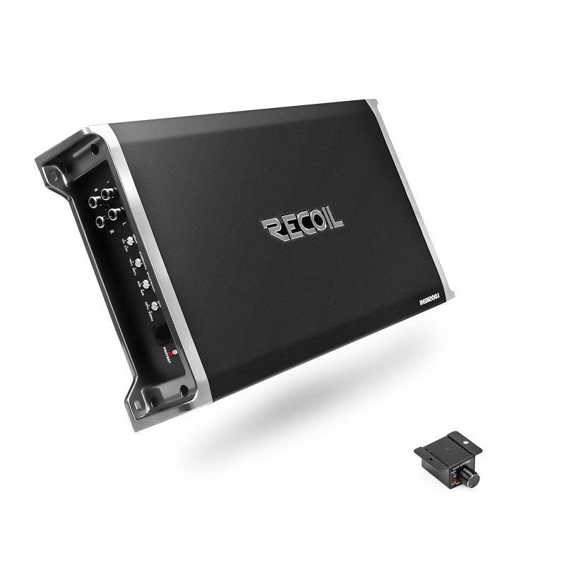 Recoil RED1200-1 2500 وات فئة D مضخم صوت سيارة أحادي الكتلة مع سوبووفر قابل للتثبيت 1 أوم ثابت، مزود بمقبض بيس عن بُعد - Image 1