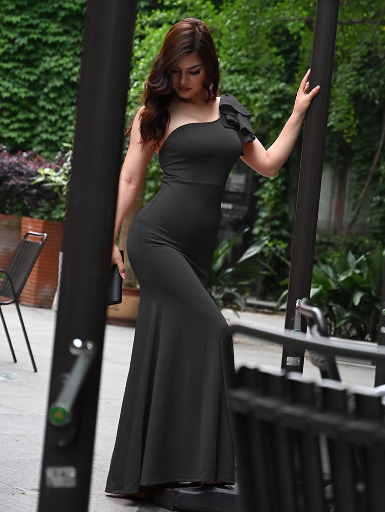 YMDUCH Women's Sexy Sleeveless One Shoulder Ruffle High Split Party Evening Long Formal Dress Black - Image 3