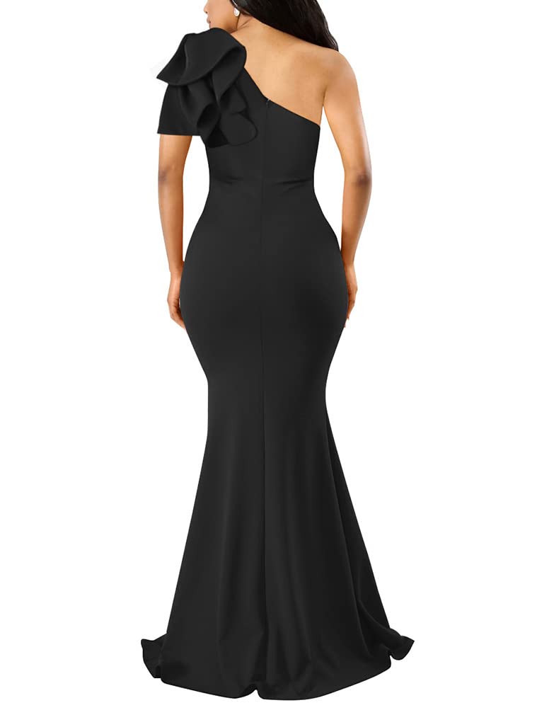 YMDUCH Women's Sexy Sleeveless One Shoulder Ruffle High Split Party Evening Long Formal Dress Black - Image 2