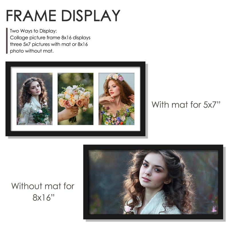 DUENPY 8x16 Collage Picture Frame, 5x7 Collage Picture Frame Displays Three 5x7 inch Photos, or 8x16 (Without Mat) for Available Horizontal Wall Mounting Display and Vertical, Black. - Image 4