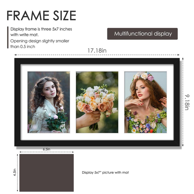 DUENPY 8x16 Collage Picture Frame, 5x7 Collage Picture Frame Displays Three 5x7 inch Photos, or 8x16 (Without Mat) for Available Horizontal Wall Mounting Display and Vertical, Black. - Image 2