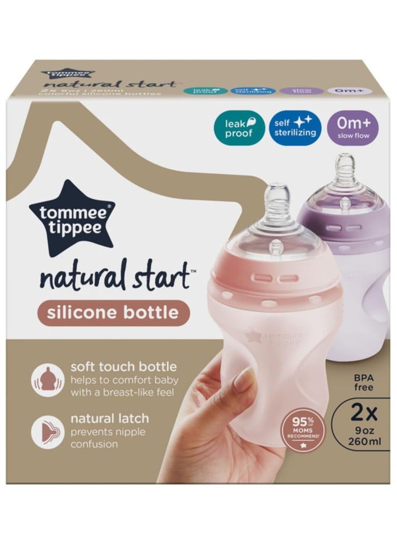 Tommee Tippee UK - Tommee Tippee Closer to Nature Soft Feel Silicone Baby Bottle, Slow Flow Breast-Like, Anti Colic, Stain and Odor Resistant (260ml, 2 Count, Pink) - Image 1
