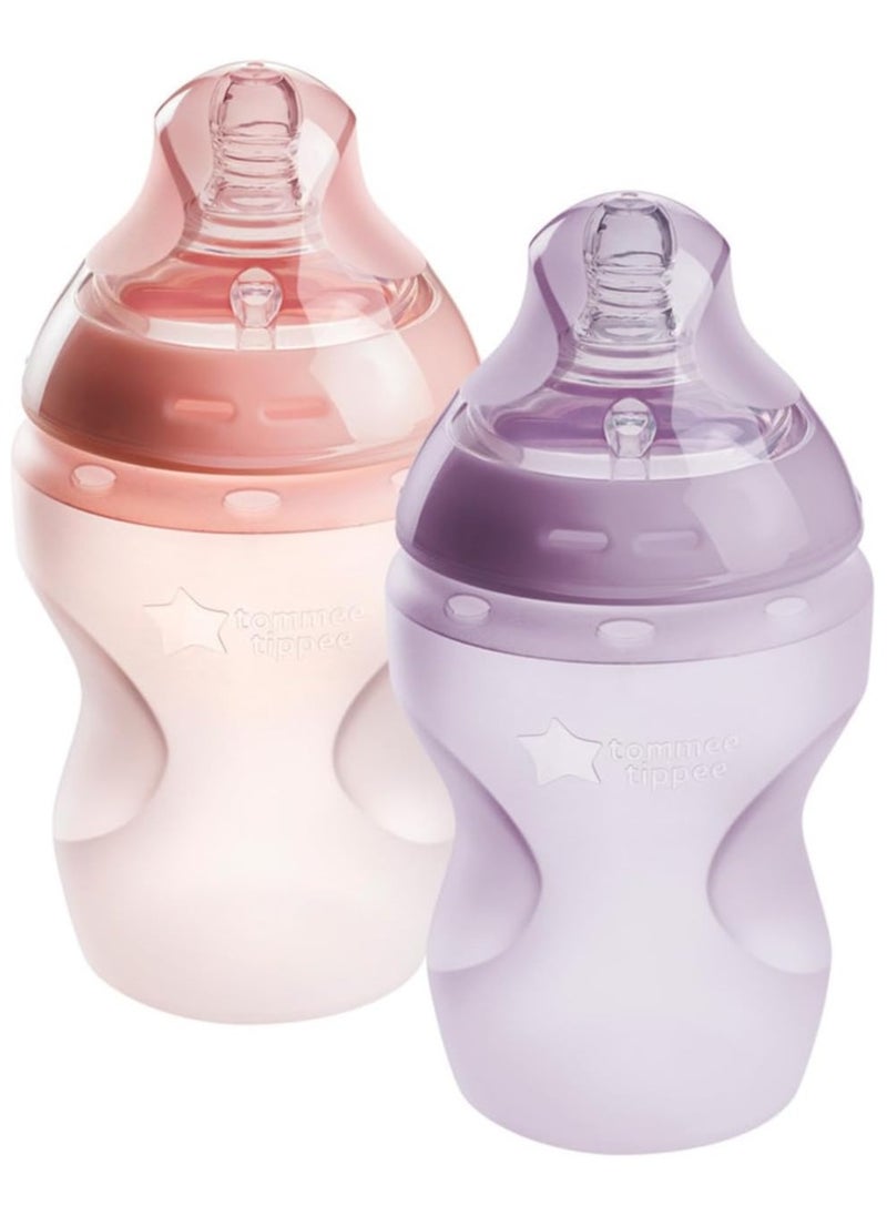 Tommee Tippee UK - Tommee Tippee Closer to Nature Soft Feel Silicone Baby Bottle, Slow Flow Breast-Like, Anti Colic, Stain and Odor Resistant (260ml, 2 Count, Pink) - Image 1