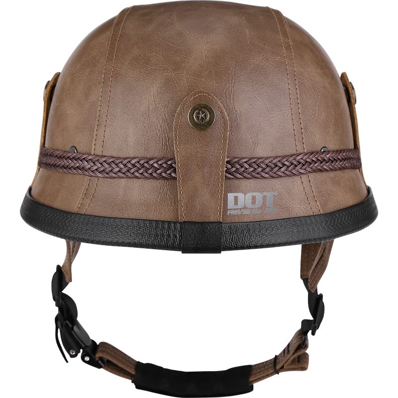 Yesmotor Motorcycle Half Helmet Retro German Handmade Leather Half Face Quick Release Buckle & Goggles - DOT Approved (Light Brown, L) - Image 3
