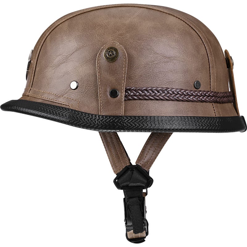Yesmotor Motorcycle Half Helmet Retro German Handmade Leather Half Face Quick Release Buckle & Goggles - DOT Approved (Light Brown, L) - Image 2