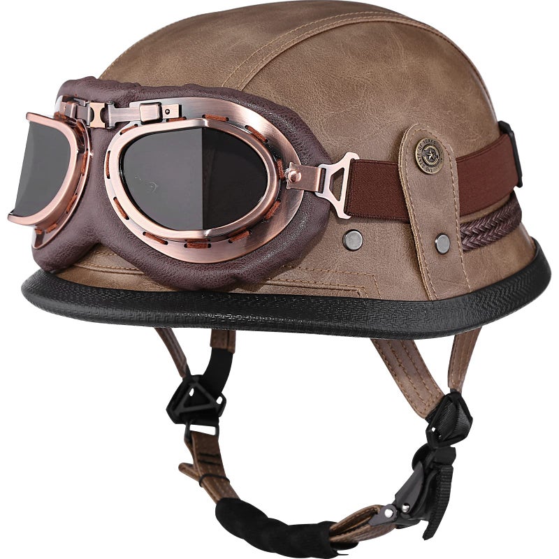 Yesmotor Motorcycle Half Helmet Retro German Handmade Leather Half Face Quick Release Buckle & Goggles - DOT Approved (Light Brown, L) - Image 1