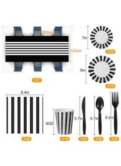 Remagr 154 Pcs Black And White Disposable Dinnerware Set Black And White Party Supplies Striped Tablecloth Black And White Stripe Table Cover Plates Cups Napkins, Knives Forks Spoons (Black)  - Image 2