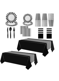 Remagr 154 Pcs Black And White Disposable Dinnerware Set Black And White Party Supplies Striped Tablecloth Black And White Stripe Table Cover Plates Cups Napkins, Knives Forks Spoons (Black)  - Image 1