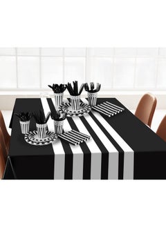 Remagr 154 Pcs Black And White Disposable Dinnerware Set Black And White Party Supplies Striped Tablecloth Black And White Stripe Table Cover Plates Cups Napkins, Knives Forks Spoons (Black)  - Image 3