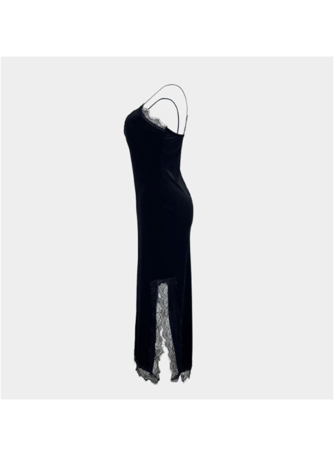 MHD Velvet Lace Trim Side Slit Slip Dress - Image 3