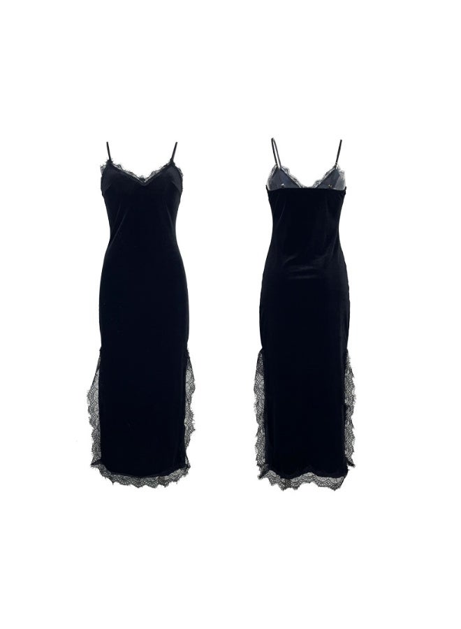 MHD Velvet Lace Trim Side Slit Slip Dress - Image 2