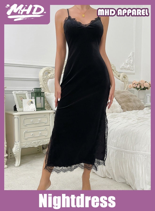 MHD Velvet Lace Trim Side Slit Slip Dress - Image 1