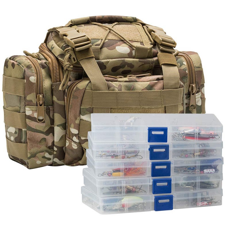 DrFish Fishing Tackle Bag with 60 Lures Kit 5 Boxes and Tackles Included Complete Freshwater Spinner Set Bass Stocked Backpack Organizer Gear Equiment Tan Camo