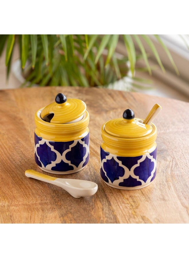 Exclusivelane 'Moroccan' Ceramic Pickle Jars for Dining Table with Spoon & Lid (Set of 2)|Handpainted Kitchen Containers Set Pickle Holder Container for Kitchen Storage Set Aachar - Multicolor - Image 1