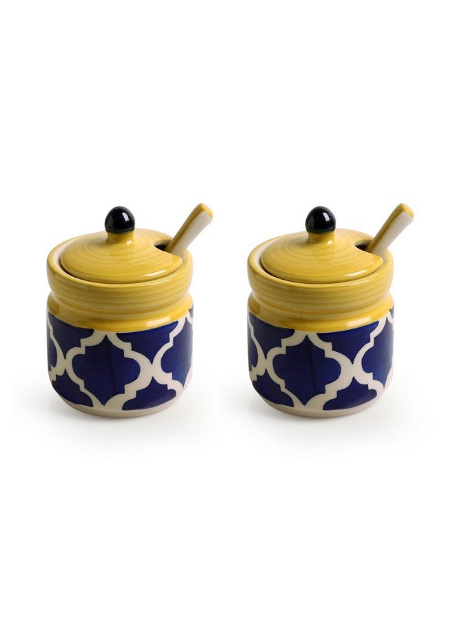 Exclusivelane 'Moroccan' Ceramic Pickle Jars for Dining Table with Spoon & Lid (Set of 2)|Handpainted Kitchen Containers Set Pickle Holder Container for Kitchen Storage Set Aachar - Multicolor - Image 2