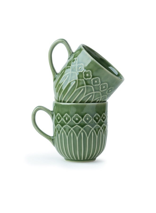 Shay طقم أكواب قهوة شاي السيراميك، مجموعة من 2، 330 مل، نقش أخضر | كوب متوسط | تشطيب لامع | طقم أكواب قهوة بورسلين | آمن للاستخدام في الميكروويف (كوب حليب منقوش، أخضر، مجموعة من 2) - Image 1