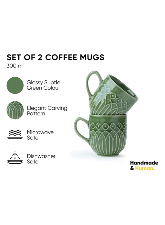 Shay طقم أكواب قهوة شاي السيراميك، مجموعة من 2، 330 مل، نقش أخضر | كوب متوسط | تشطيب لامع | طقم أكواب قهوة بورسلين | آمن للاستخدام في الميكروويف (كوب حليب منقوش، أخضر، مجموعة من 2) - Image 3