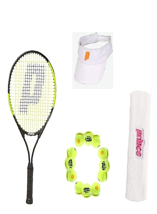 برنس مضرب تنس برينس ثاندر 26، وكرة تنس برينس ستيج 2 برتقالية قياسية (12 كرة) مع واقي للعين أبيض وبرتقالي وعصابة رأس وردية وبيضاء - Image 1