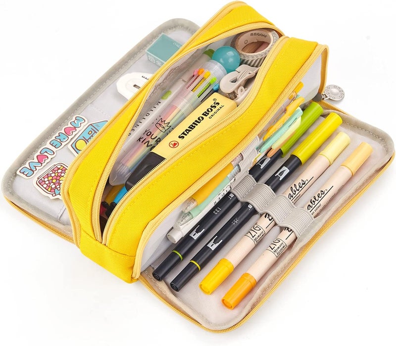 Large Capacity Pencil Case 3 Compartment Pouch Pen Bag For School Teen Girl Boy Men Women (Yellow)