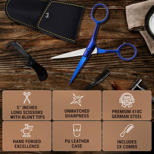 Ontaki Facial Hair Scissors - 5 Inch, Midnight Blue - High-Carbon German Steel Grooming Scissors for Beard & Mustache with Mustache Comb, Beard Comb & Leather Pouch - Image 5