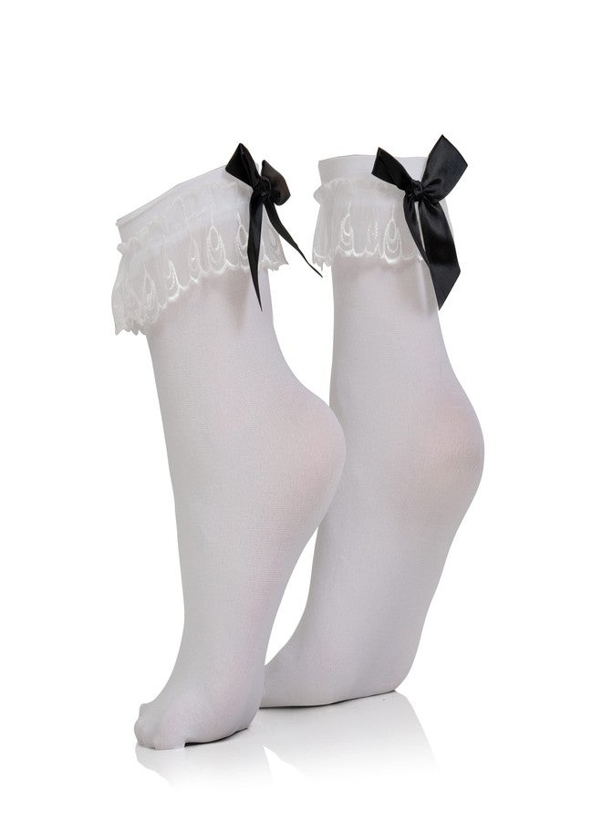 Skeleteen White Ruffled Anklet Socks - Frilly White Opaque Lace Ruffles Top Trim Bobby Sock With Black Satin Back Bow - Image 1