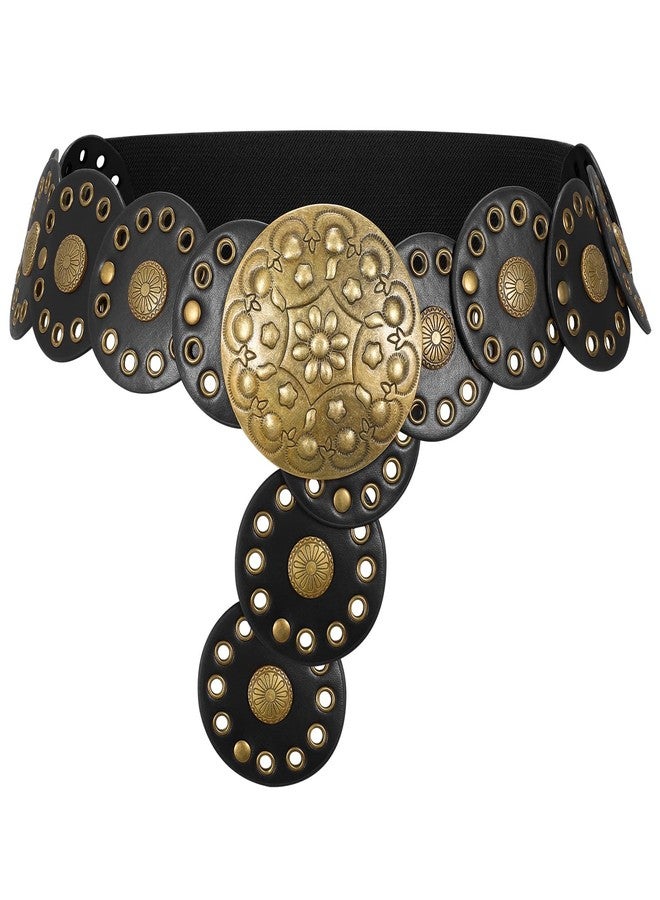 WOWOGO Western Boho Chunky Cowgirl Disc Belt for Women Circle Country Concho Big Wide Leather Elastic Waist Belts - Image 1