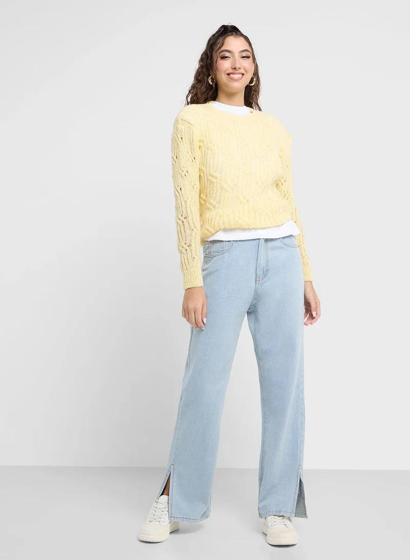 Cropped Straight Fit Jeans With Side Slit