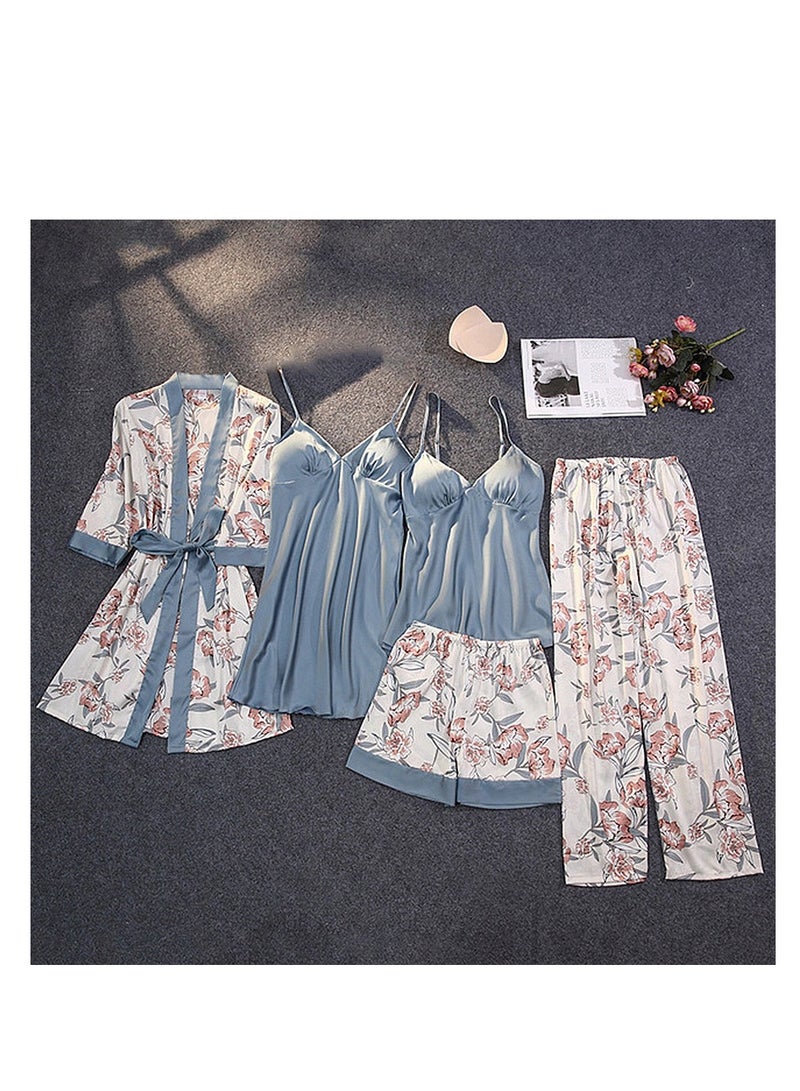 Aethvive 5-Pack Women's Sleepwear Sets Sling Lace Nightdress Sweet Pajama Home Wearing Clothes Loungewear Suits Floral Printing Ladies Nightwear Lingerie Robe Underwear Shorts Summer Spring blue 