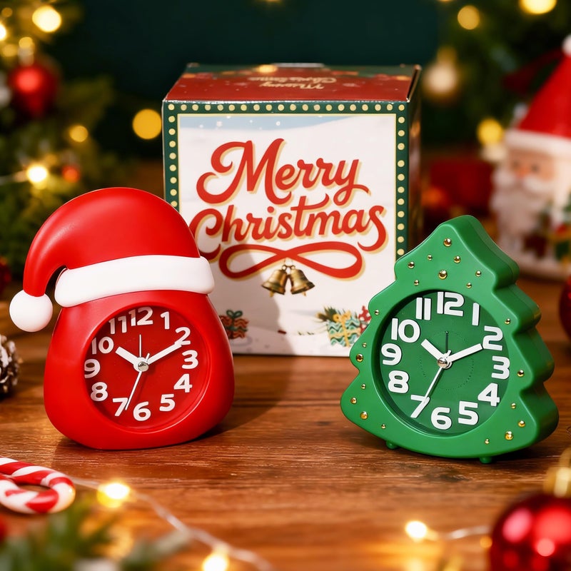 AYRELYÂ® Christmas Alarm Clock Gift Set â€“ 2 Silent Analog Clocks (Santa Hat & Christmas Tree), Ready-to-Gift Holiday Edition for Kids & Family, with Festive Gift Box - Image 1